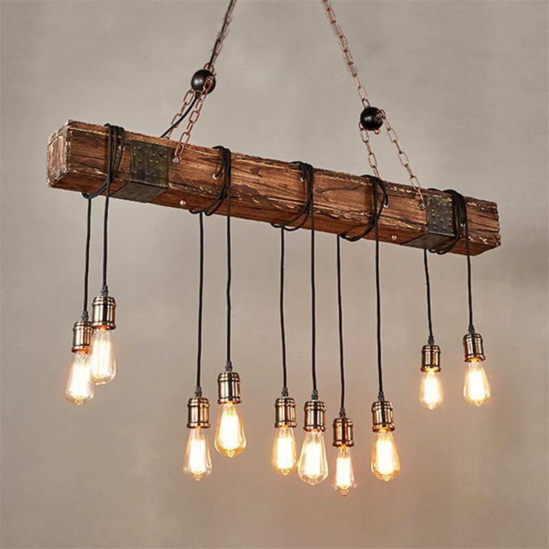 Lustre Industriel Barre en Bois Carré - Style Industriel.co