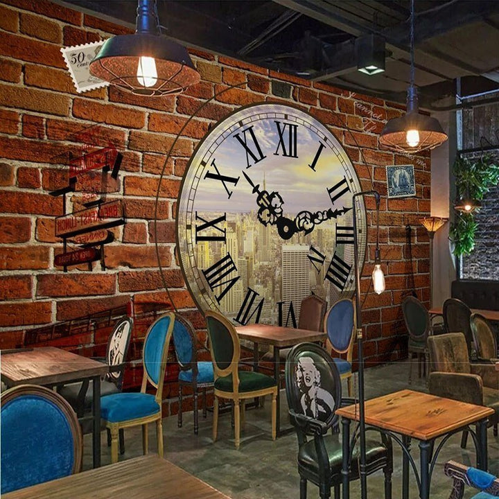 Papier peint industriel Horloge d'Antan sur Briques Rouges - Style Industriel.co