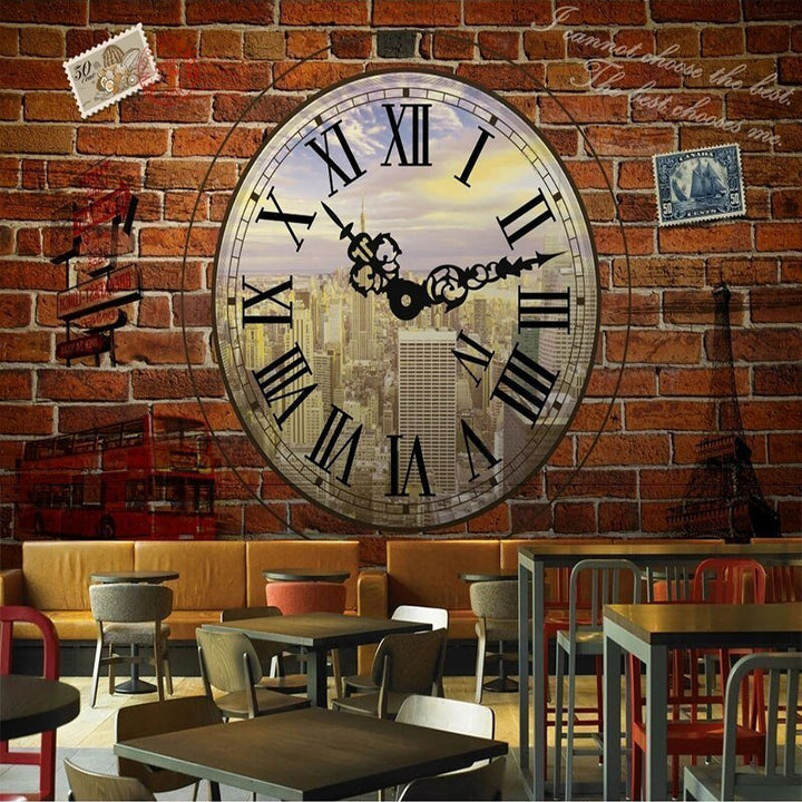 Papier peint industriel Horloge d'Antan sur Briques Rouges - Style Industriel.co